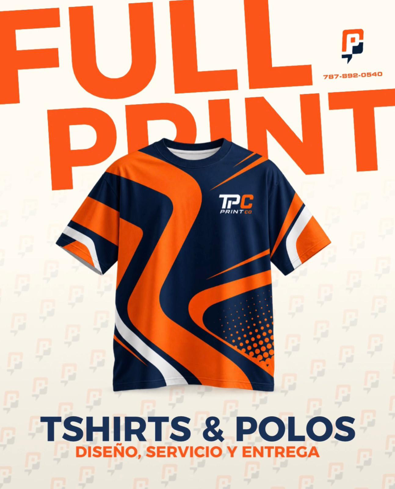 Arte de The Print Co.: camiseta full print azul marino y naranja, T-Shirts y polos, diseño, servicio y entrega.